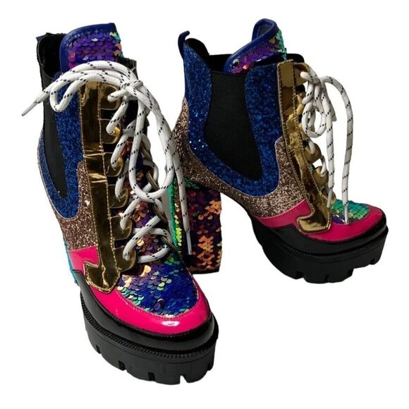 Cape Robbin Sequin Metallic Glitter Boot Heels Lace Up Rave Party Cosplay US 5.5 - Picture 4 of 11